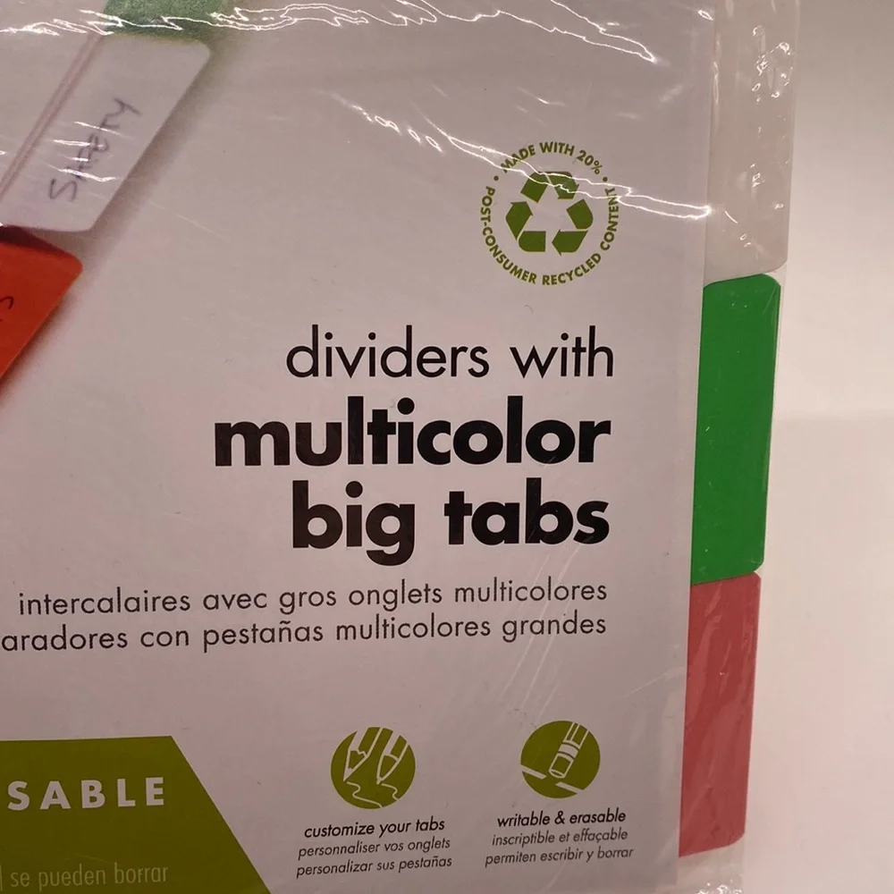 NWT Office Depot dividers with multicolor big tabs, 10 tabs in total. erasable